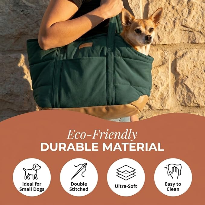 Plush Dog Purse Carrier for Small Dogs, Soft Dog Tote Bag with Safety Harness Clip, Cozy Pet Carrier for Dogs Under 15 lbs, Comfortable Dog Shoulder Carrier for Travel, Green