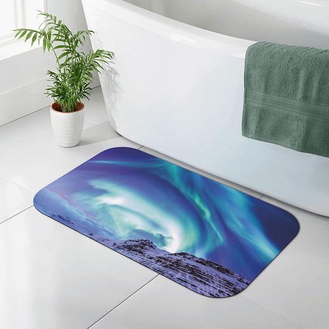 Bathroom Floor Mat, Winter Diatomaceous Mat, Aurora Borealis at Kirkjufell Iceland Natural, 31.4" W x 19.6" L, for Home, Office, Sink,Multicolor