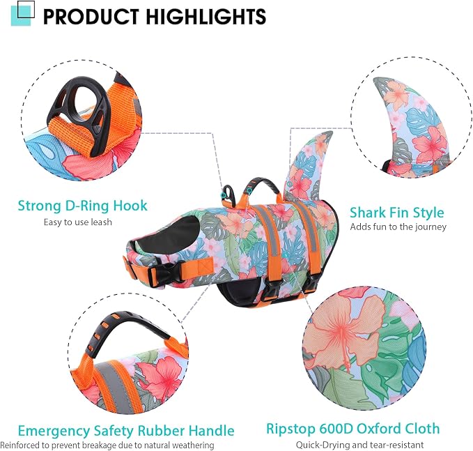 Dog Life Jacket High Flotation, Reflective Dog Life Vest for Swimming, Adjustable Dogs Life Preserver Rescue Handle Spring Summer Pool for Small, Medium, Large Dogs (HawaiiOrange,XS)