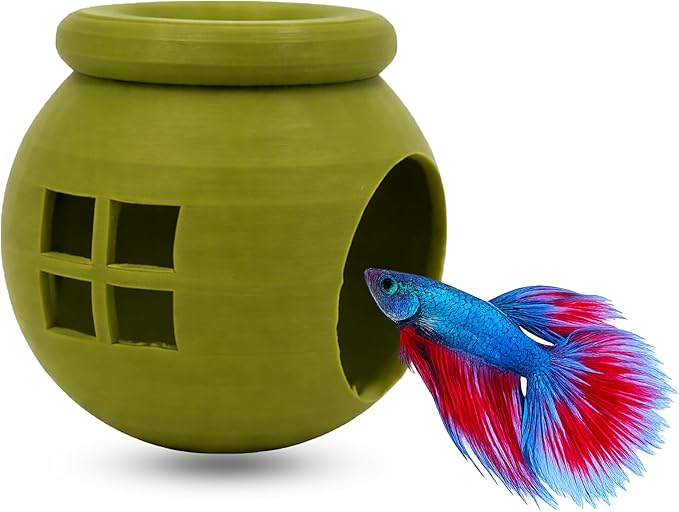 Floating Cozy Betta House, Natural Floating Betta Hide Out, Aquarium Fish Hammock, Relaxing & Stress Relief, Suction Cup Included, 2.9" W x 2.6" H (Olive Green)
