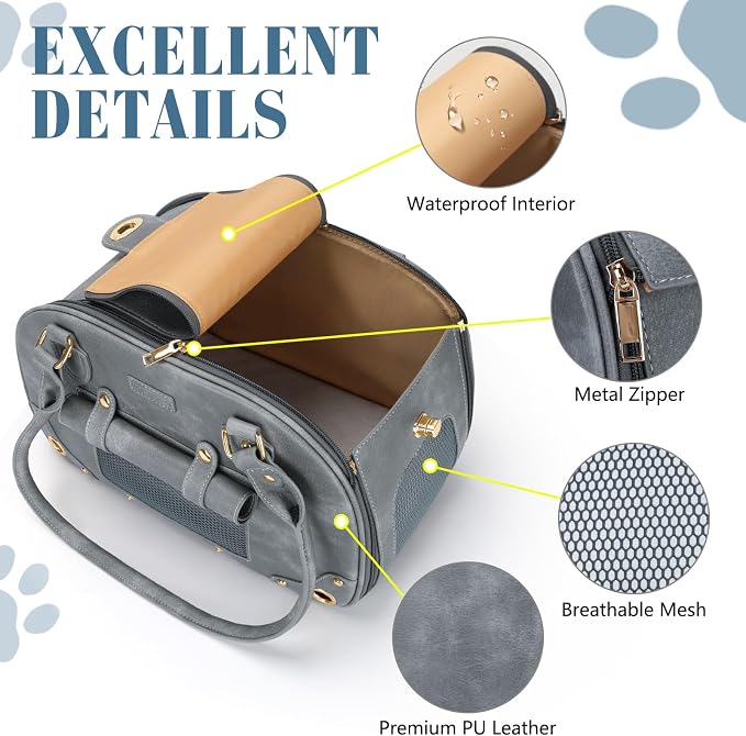 Dog Carrier Purse, Pet Bag Bling Waterproof Premium Leather Pet Travel Portable Bag for Cat and Small Dog Home & Outdoor Small Grey