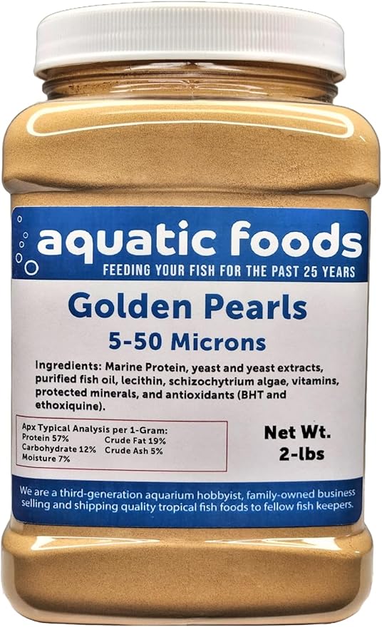 Aquatic Foods Inc. Golden Pearls 5-50 Microns, Powder for New Fry, Babies of Shrimp, Axolotls, Discus, Cichlids, Catfish, Tetras, Angel Fish, Guppies, Bettas, Goldfish, Corals, Reefs…2-lb Med Jar