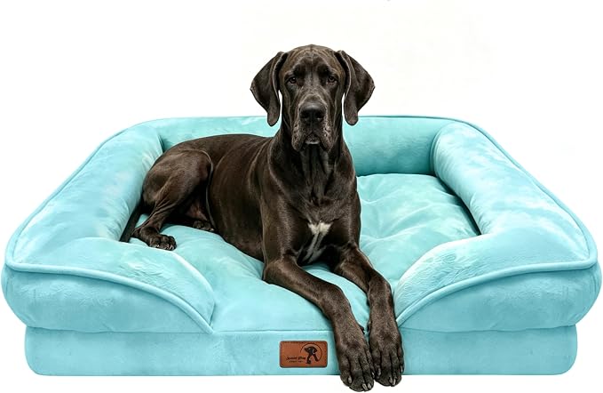 Spotted Play Orthopedic Dog Bed with Sides - Sofa Beds for Extra Large Dogs, Supportive Foam Pet Couch Bed with Washable Removable Cover, Waterproof Lining and Non-Slip Bottom, Ice Blue - XXL