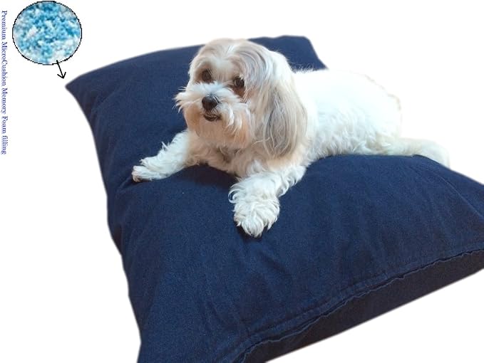 Durable Comfort Micro-Cushion Memory Foam Pet Dog Pillow Bed with Waterproof Liner + External Cover for S,M,L Dogs- Complete Set (Blue Denim, 48''x29'')