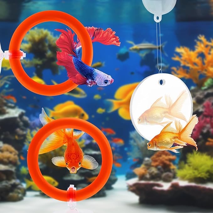2pcs Bettas Fish Enrichment Toys Ring, with Mirror/Floating Ball, Exercise Floating Mirrors and Training Ring for Fish Tank, Aquarium Feeding Rings Accessories (Orange)