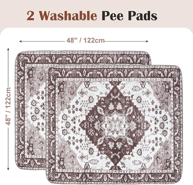 Washable Pee Pads for Dogs, 2 Pack Reusable Puppy Training Pads 48"x48" Super Absorbent Waterproof Dog Training Pads, Non-Slip Potty Pads, Whelping Pads Litter Mat Light Brown Medallion