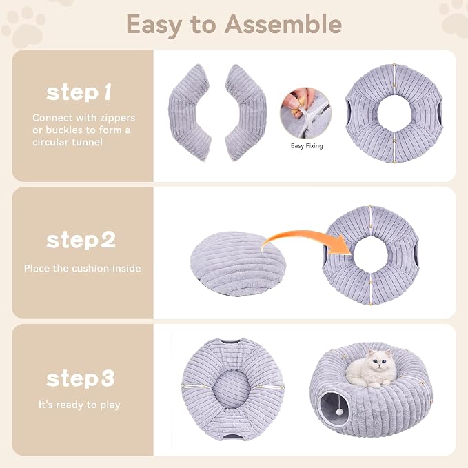 Dogpals Cat Tunnel Bed Cave 33" Lx10 Wx10 H for Indoor Cats(Grey) | Washable Cozy Cushion, Soft Striped Plush Fabric, Hideaway Peekaboo Cave for Kittens, Puppies, Rabbits & Small Pets