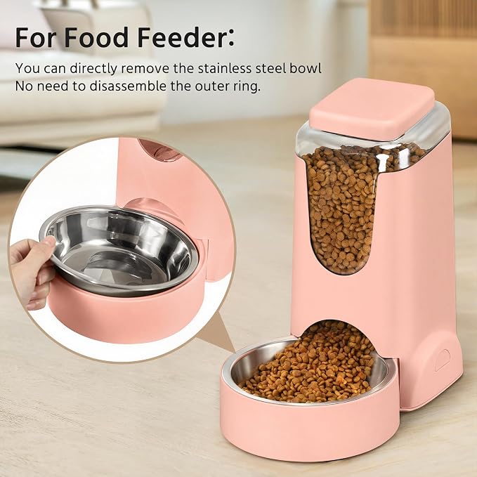 WyfKyd Auto Cat Feeder and Dog Water Dispenser with Stainless Steel Bowl | 2 Pack Auto Cat Feeder and Dog Waterer Gravity Stainless Steel Water Dispenser Set for Medium Puppy Kitten Pets 1Gal Pink