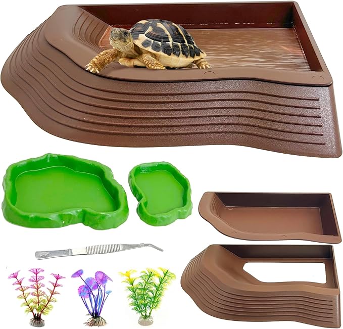 Reptile Bathing Pool 2-in-1 Tortoise Water Dish with Ramp Turtle Feeding Bowl with Steps Plastic Reptile Food & Water Dishes 7 Pcs Gecko Habitat Decoration Accessories Lizard Bath Tub