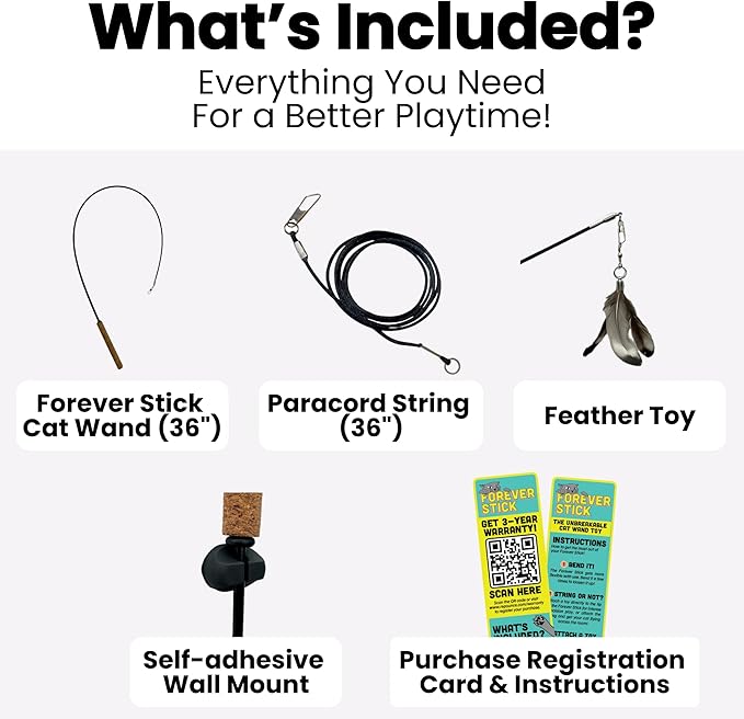 Forever Stick 1-Pack - The Unbreakable Cat Wand Toy, Durable Cat Toy Wand, Extra Long Cat String Toy, Cat Fishing Pole Toy for Bored Indoor Adult Cats, Cat Stick Toy, Cat Feather Wand, Cat Teaser Wand