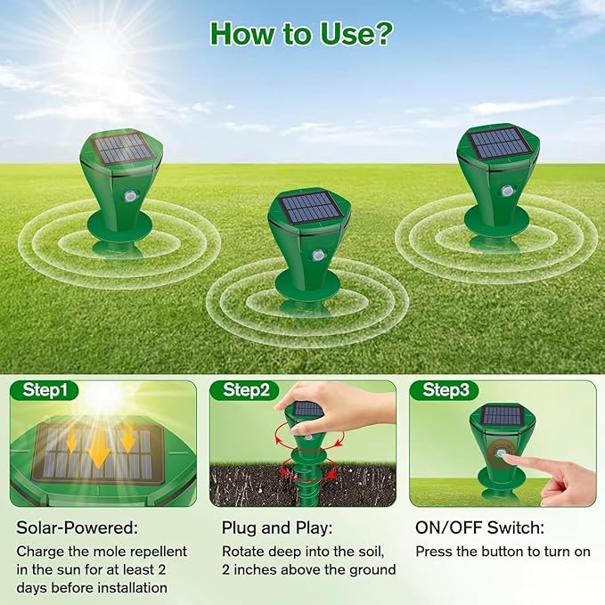 Mole Repellent Solar Powered,2 Pack Ultrasonic Gopher Repeller IP65 Waterproof for Lawn Garden Yard, Sonic Vole Repellent Mole Killer Outdoor Get Rid of Snake Groundhog Chipmunk Squirrels-Dark Green