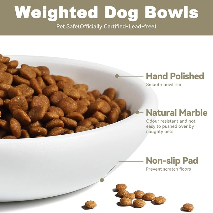 White Cat Bowl, Marble Food and Water Bowl for Cat and Small Dog, Heavyweight 1.5lb Non-Tip Pet Food Dish with Slip-Proof Pad, Premium Stone Feeder for Elegant Home Decor