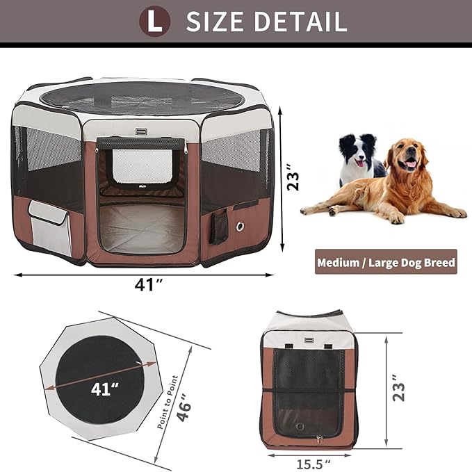 Dog Playpen 46" Portable Pet Play Pens for Small Medium Dogs, Foldable Exercise Kennel Tent Crate Indoor/Outdoor Travel Camping, Removable Top/Bottom (Brown, Large (46"x46"x23"), 8)