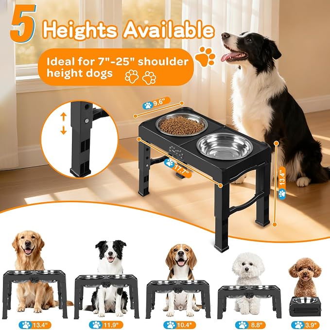 COMESOON Elevated Dog Bowls, 5 Adjustable Heights (3.9"-13.4") Raised Dogs Food Bowl Stand for Medium Large Sized Dogs, Non-Slip Foldable Travel Pet Feeder Black with Stainless Steel Bowls