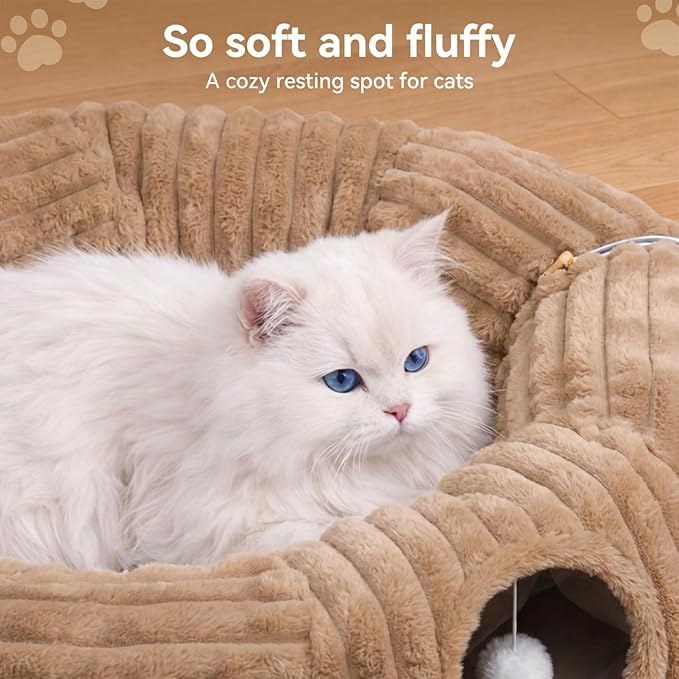 Dogpals Cat Tunnel Bed Cave 33" Lx10 Wx10 H for Indoor Cats(Khaki) | Washable Cozy Cushion, Soft Striped Plush Fabric, Hideaway Peekaboo Cave for Kittens, Puppies, Rabbits & Small Pets
