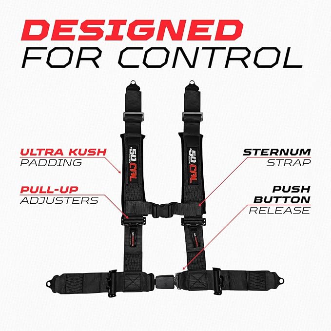 1pc 50 Cal Black 4 Point Harness 3in Straps, Racing Harness Seat Belt | Ultra Kush padding, Push Button quick release hardware. Universal Fit for UTV, RZR, race car.