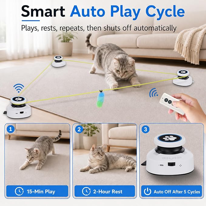 Automatic Cat Toy for Indoor Cats with Remote Control, Interactive Cat Chase Toy with Moving Feather Lure, DIY Floor Route Kit with Mouse Sound, Rechargeable Self-Play Toy