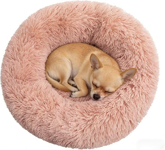 Calming Donut Dog Beds for Small Dogs Kitten - Washable Removable Cover Non-Slip Bottom, Round Pet Bed Puppy Bed Warming Fluffy Faux Fur Anti-Anxiety, Fits up to 15 lbs (Blush, 20")