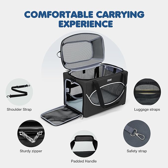 Lekereise Top-Expandable Pet Carrier 17x11x9.5 Inch Alaska Hawaiian Airline Approved Underseat to 12lbs Stable Car Travel Carriers for Small Dogs Cats with Locking Safety Zippers Anti-Scratch Mesh