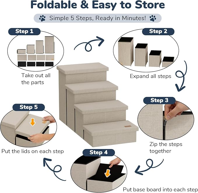4-Step Wide Dog Stairs with Storage 23" H, Non-Slip Sturdy Pet Steps for High Bed Couch Window, Pet Stairs for Small/Medium/Large Old Dogs Cats Up to 220lbs, Cat Dog Steps for Car/SUV, Beige