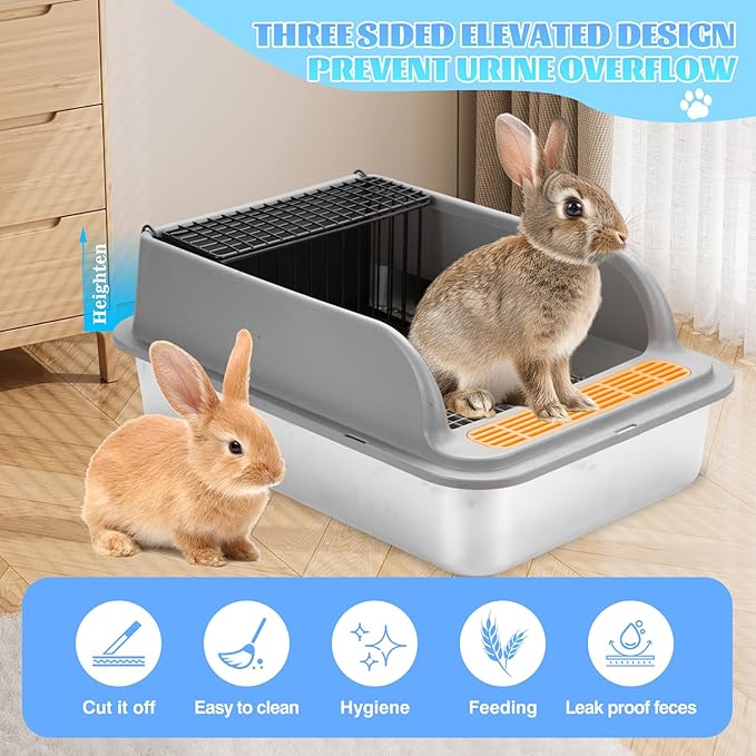Stainless Steel Rabbit Litter Box w Hay Feeder and Litter Scoop, 19.7 x 13.8 x 7.9 Inch Large Litterboxes w Raised Grid, High Sided Kiter Box for Bunny, Guinea Pig, Ferret, Small Snimal, Hamster