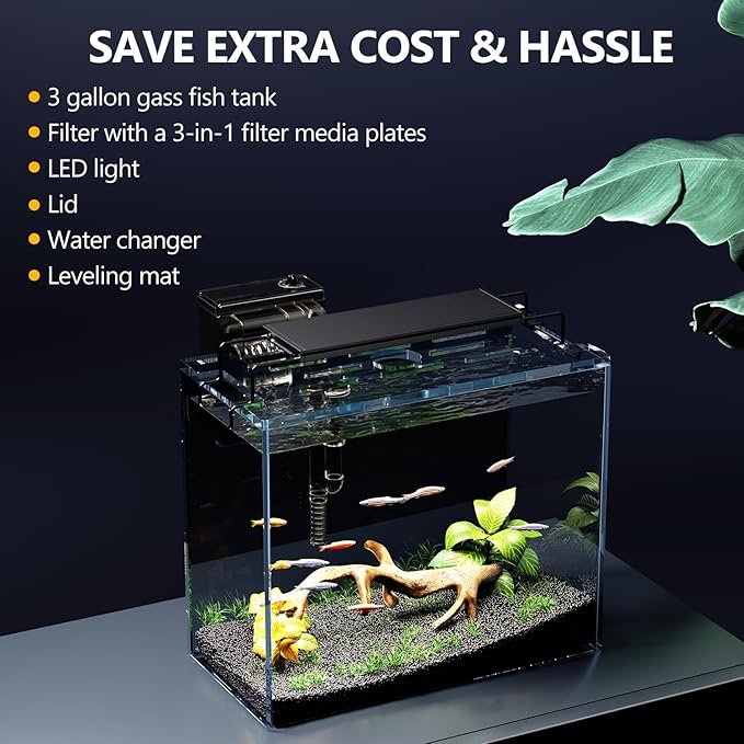 3 Gallon Fish Tank Aquarium Kit with HOB Filter, LED Light with Timer, Lid, Siphon Vacuum Cleaner, Self Cleaning Glass Rimless Betta Tank