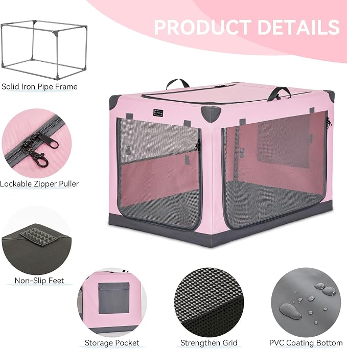 PETSFIT 30" Soft Portable Dog Crate – Patented Spiral Sturdy Frame, Collapsible Travel Kennel for Medium Dogs, 3 Mesh Door, Lockable Zippers, Indoor & Car Use Pink