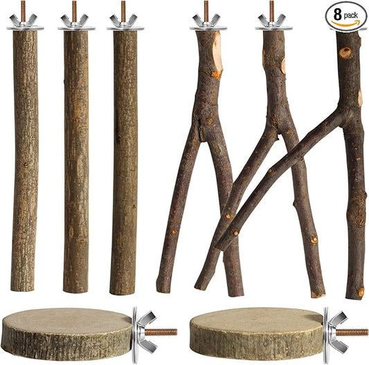 8 Pack Natural Wood Bird Perches, Parrot Perch Stand Bird Cage Accessories for Budgerigar Cockatiels, Conures, Lovebirds (L)