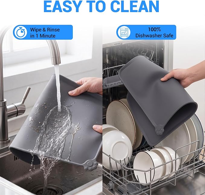 Reopet Silicone Pet Feeding Mat - Waterproof & Non-Slip Dog Cat Placemat | High Raised Edges Prevent Food & Water Spills to Protect Floors, Easy to Clean, Fit for Dog Cat Bowls