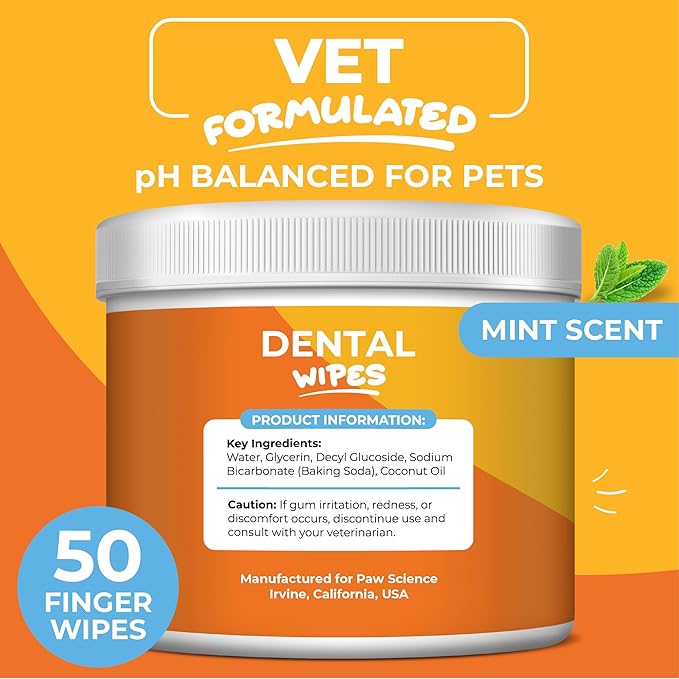 Paw Science Dog & Cat Teeth Cleaning Wipes - Dental Finger Wipes for Cats & Dogs - Pet Toothbrush & Tooth Brushing Kit - Effective Teeth Cleaner (Mint)