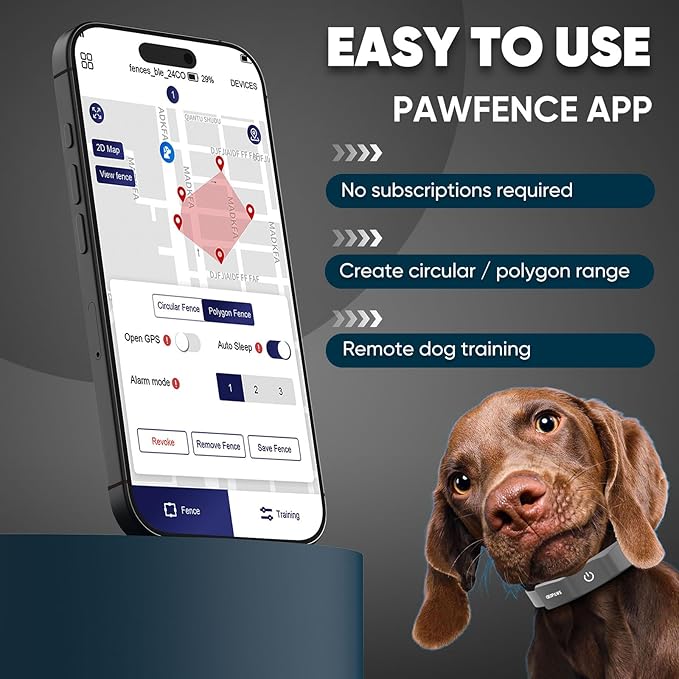 GPS Electric Dog Fence with Free App, Wireless Fence System with Training Collar, Adjustable of Dogs Portable Fence for Outdoor Use, Rechargeable Waterproof Flexiable Collar, (Grey)