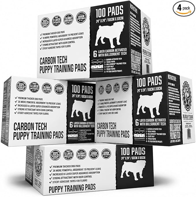 Bulldoglogy Carbon Black Puppy Pee Pads with Adhesive Sticky Tape Large Housebreaking Dog Training Wee Pads 6 Layers Charcoal Absorbent Odor Control 400 Count 24" x 24"