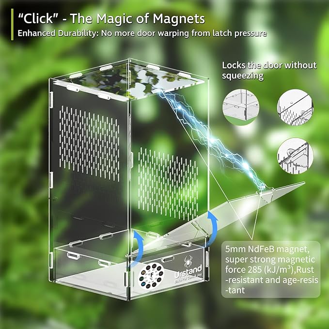 Jumping Spider Enclosure, Front-Opening Acrylic Spider Terrarium with Magnetic Door,Laser-Cut Biomimetic Ventilation System, Escape-Proof for Feeder Insects (6.5"x6.5"x12")