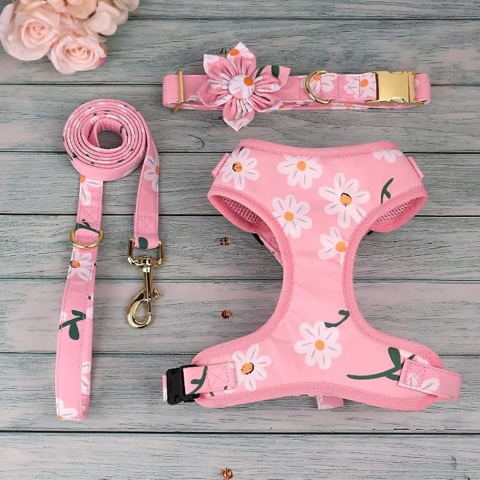 Beirui Cute Dog Collars,Harnesses,Leashes Set, Floral Pattern, Pink-1,XS | Girl Dog Harness Set with Flower, Adjustable and Soft Mesh Lining, For Small Dogs Daily Walks