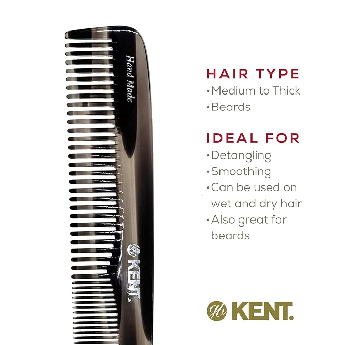 Kent 9T Graphite Fine and Wide Tooth Comb Detangler - Large Handmade and Saw-Cut Dressing Comb - Wet Hair Comb for Women and Durable Grooming Combs for Men Made in England
