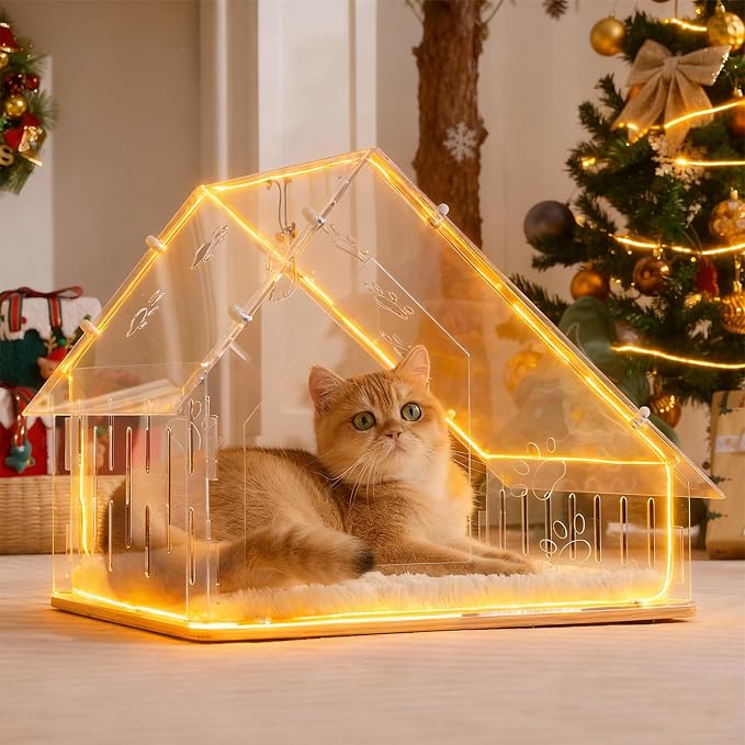 Acrylic Cat House for Indoor Cats, Transparent Cat Bed Cave with Plush Cushion & Hanging Toys, Modern Ventilated Cat Condo with Sturdy Wooden Base for Adult Cats & Kittens up to 12 lbs, White