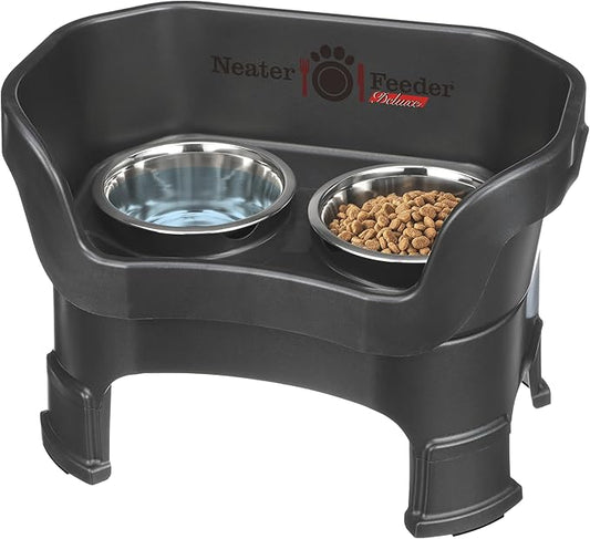 Neater Feeder Deluxe Mess-Proof Elevated Dog Bowls for Medium Dogs (19–40 lbs), 2 Height Adjustable (10” & 12.5”) No-Spill Raised Dog Bowl Stand, Stainless Steel Food Bowl Set, Made in USA, Black