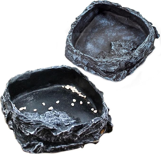OMEM Reptile Natural Bowl Food and Water Dish Resin Made (2PCS- Black)