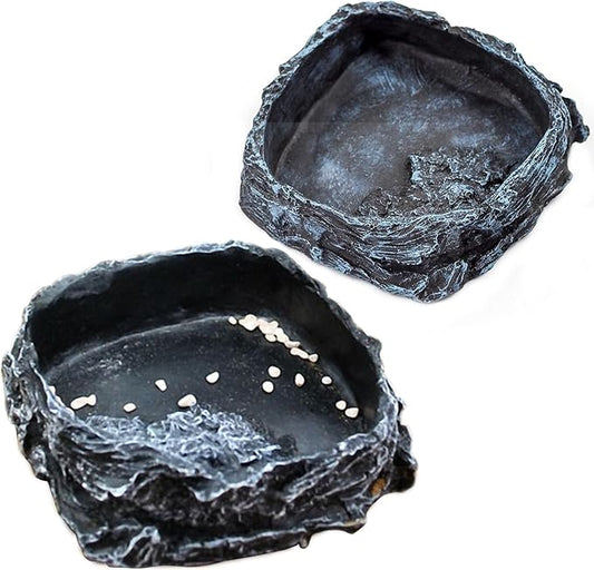 OMEM Reptile Natural Bowl Food and Water Dish Resin Made (2PCS- Black)
