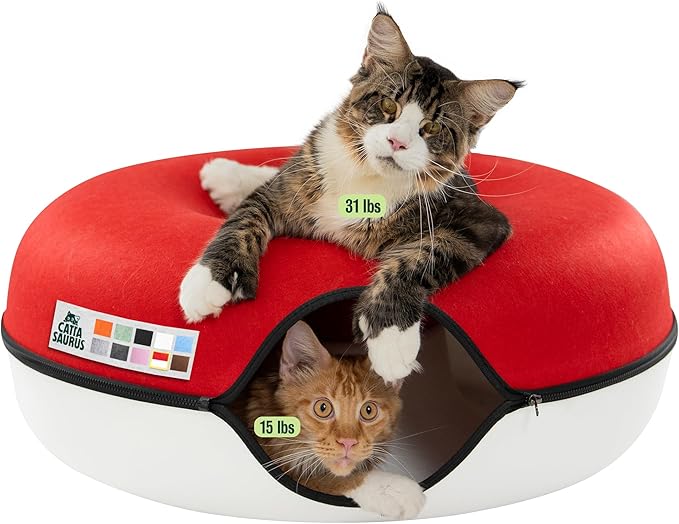 Peekaboo Cat Cave, Extra Spacious for Multiple & Large Cats 12+ lbs, Scratch Detachable Cat Beds for Indoor Cats, Washable Tunnel Bed, Comfy Donut Tunnel (Ruby Snowball, Jumbo)