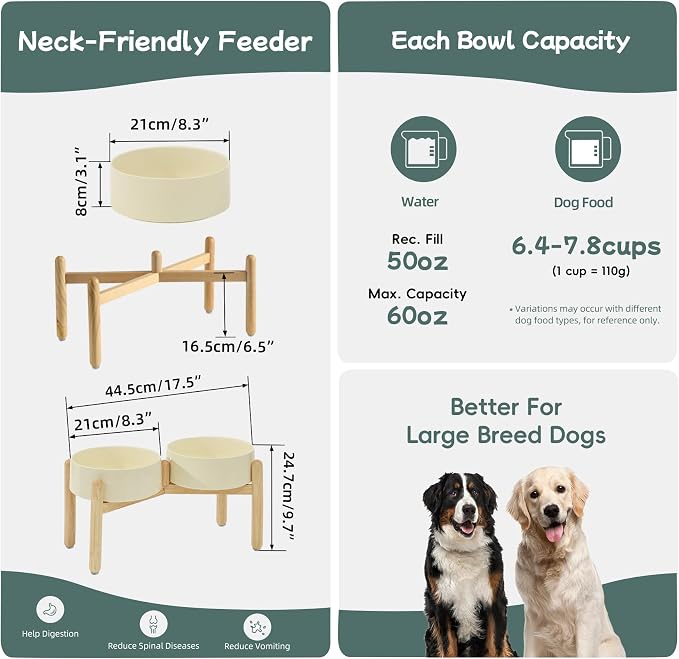 Havniva Elevated Dog Bowls Ceramic Dog Bowls with Stand, Dog Food Bowl | 8.3” Raised Dog Bowls with Non-Slip Wood Stand, Dog Food and Water Bowl Set, Double Dog Feeding Bowls for Large Dogs