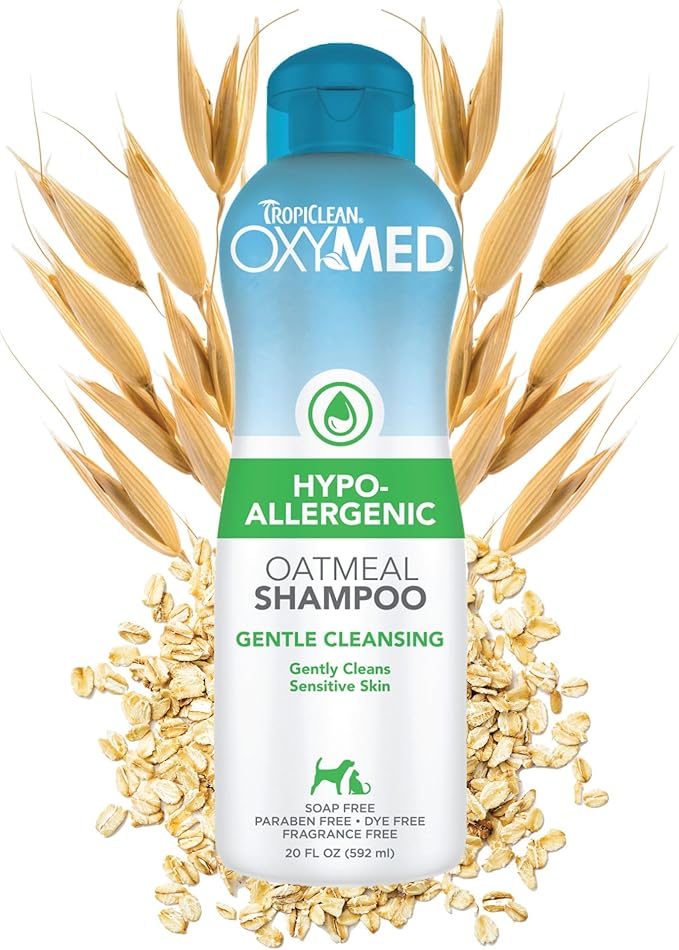 TropiClean OxyMed Hypoallergenic Dog Shampoo for Allergies and Itching, Skin Soothing Shampoo for Pets with Sensitive Skin, Tearless, Cat Safe, 20oz.