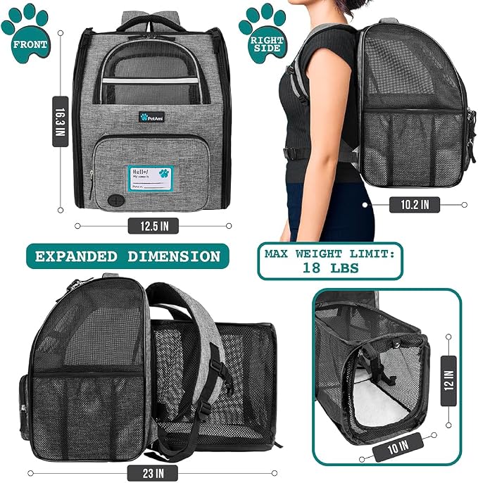PetAmi Expandable Dog Backpack Carrier for Cats & Pets, Breathable Cat Carrier Backpack with Top Window & Multi-Entry, Ventilated Foldable Travel Carrier for Small Medium Pets up to 18 lbs, Light Gray