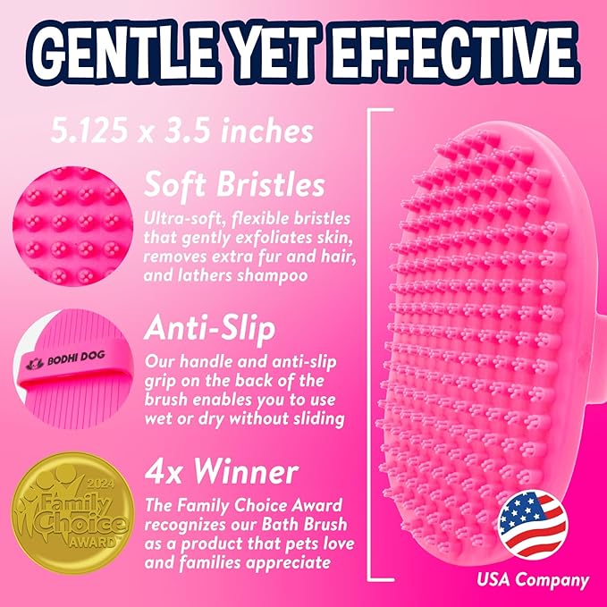 Bodhi Dog Shampoo Brush - Pet Grooming & Bath Supplies for Dogs and Cats - Bath Brush for Long & Short Hair - Premium Scrubber for Shower, Showerhead, Sprayer & Bathing (One Pack, Pink)