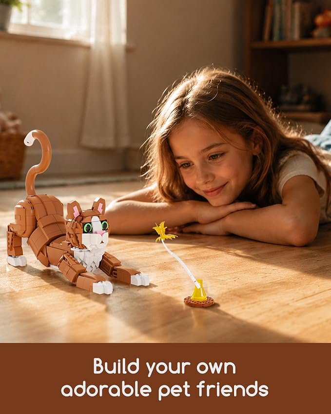 3-in-1 Orange Cat Building Set, Build a Cat, Dog or Rabbit | Build & Rebuild 3 Cute Animal Designs from One Set, Building Toy for Cat Lovers and Animal Fans, Birthday Gift Ages 8+