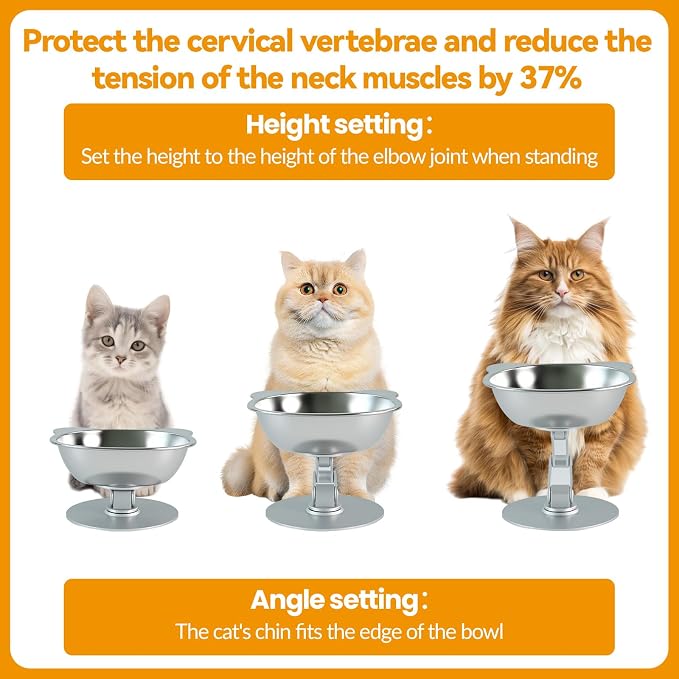 BEAVE NIUNIU Adjustable Elevated Cat Bowl Single Stand Tilted Feeder | 330ml Wide SS Bowl, 7.9in Max Height, Ergonomic Feeder for All Cats & Small Dogs