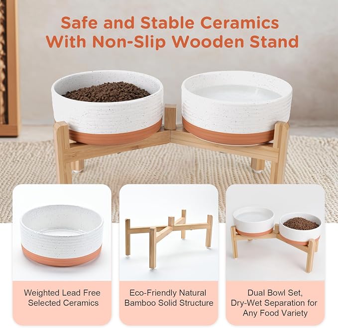 SPUNKYJUNKY Elevated Dog Bowls Ceramic, 7.3'' Dogs Food Water Bowls Raised with Non-Slip Bamboo Stand for Medium to Large Sized Breed Microwave Dishwasher Safe - 42 OZ,Pattern White