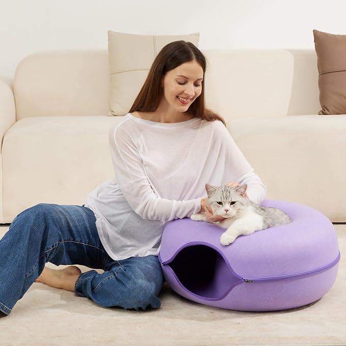Cat Tunnel Bed for Indoor Cats with 3 Toys, Scratch Resistant Detachable and Washable Large Donut Cat Bed, Available in All Seasons (Purple, L(24x24x11))
