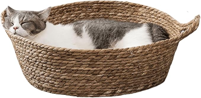 Cat Bed, Straw Woven Cat Baskets Bed, Round Wicker Cat Basket Nest, Non-Slip Cozy Kitten Bed for Cats Small Dog (Only Nest,Medium)