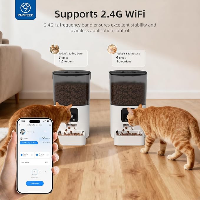 PAPIFEED Automatic Cat Feeder with App, 2.4G WiFi Cat Food Dispenser, 6L Timed Cat Feeder for Dry Food, 10 Meals/Day, 12 Portions/Meal, Dual Power Supply Smart Pet Feeder for Dog, White